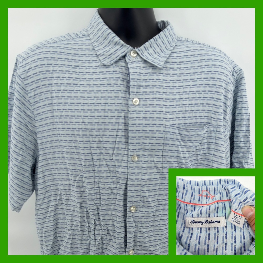 Tommy Bahama Shirt XL Mens Blue White Striped 100% Silk Short Sleeve Textured